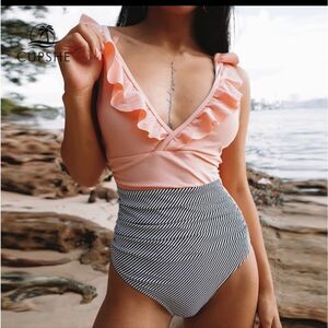 Peach ruffles with black and white stripes one piece cupshe bathing suit size XL